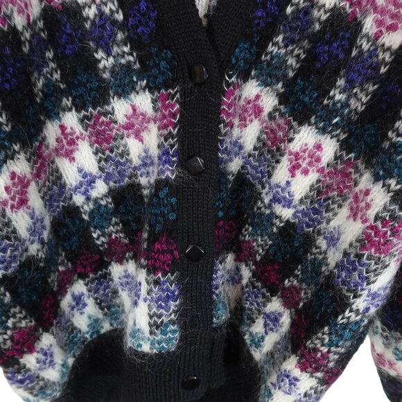 Vintage 80s Fuzzy Mohair Wool Hand Loomed Check Dolman Cardigan Sweater Size L - Picture 4 of 6